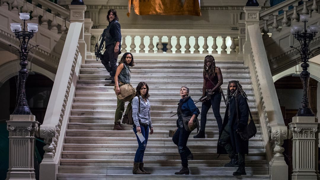 Norman Reedus as Daryl Dixon, Lauren Cohan as Maggie Rhee, Melissa McBride as Carol Peletier, Danai Gurira as Michonne, Khary Payton as Ezekiel, Sydney Park as Cyndie - The Walking Dead _ Season 9, Episode 1 - Photo Credit: Jackson Lee Davis/AMC