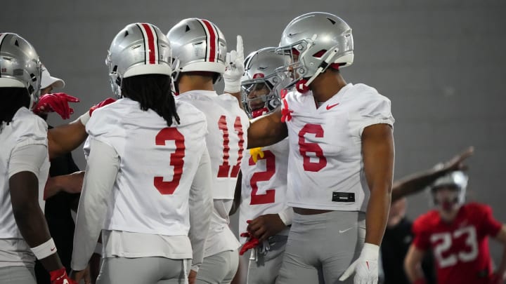 Mar 5, 2024; Columbus, OH, USA; Ohio State Buckeyes safety Sonny Styles (6) lines up for drills during the first spring practice at the Woody Hayes Athletic Center.