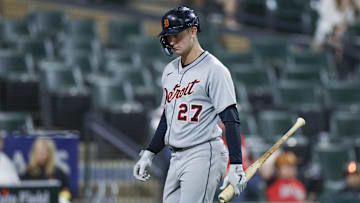 Jun 3, 2025; Chicago, Illinois, USA; Detroit Tigers shortstop Trey Sweeney (27) reacts after striking out against the Chicago White Sox during the ninth inning at Rate Field. Mandatory Credit: Kamil Krzaczynski-Imagn Images