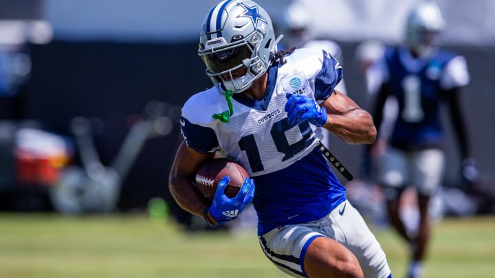 Aug 1, 2023; Oxnard, CA, USA; Dallas Cowboys wide receiver Jalen Tolbert (18) runs during training camp at Marriott Residence Inn-River Ridge playing fields. 