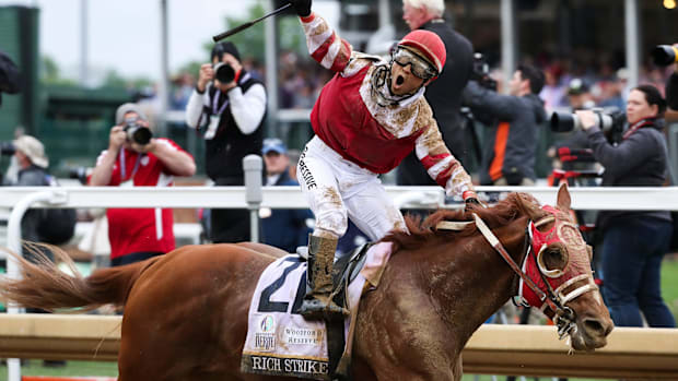 Jockey Sonny Leon rode Rich Strike to win the 148th Kentucky Derby at Churchill Downs in Louisville, Ky. on May 7, 2022.