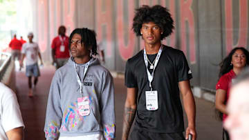 Aug 31, 2024; Columbus, OH, USA; Ohio State Buckeyes recruits Kayden Dixon-Wyatt and Chris Henry Jr. walk onto the field prior to the NCAA football game against the Akron Zips at Ohio Stadium. Ohio State won 52-6.