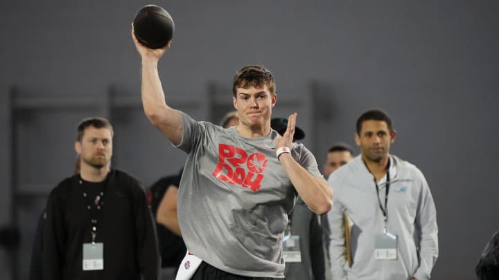 Mar 20, 2024; Columbus, Ohio, USA; Ohio State Buckeyes quarterback Will Howard throws a pass during Pro Day at the Woody Hayes Athletic Center.