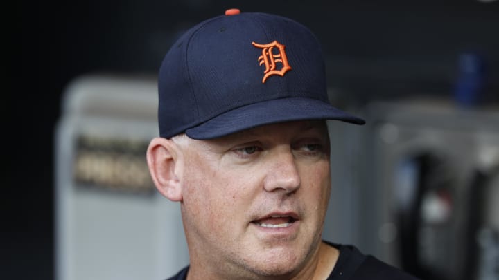 Aug 24, 2024; Chicago, Illinois, USA; Detroit Tigers manager A.J. Hinch (14) looks on from the dugout before a baseball game against the Chicago White Sox at Guaranteed Rate Field. 