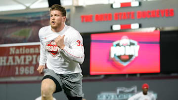 Ohio State Buckeyes defensive end Jack Sawyer works out during the pro day for NFL scouts at the Woody Hayes Athletic Cente on March 26, 2025.