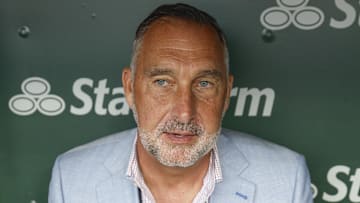 Jul 4, 2025; Chicago, Illinois, USA; St. Louis Cardinals president of baseball operations John Mozeliak speaks before a baseball game against the Chicago Cubs at Wrigley Field. Mandatory Credit: Kamil Krzaczynski-Imagn Images