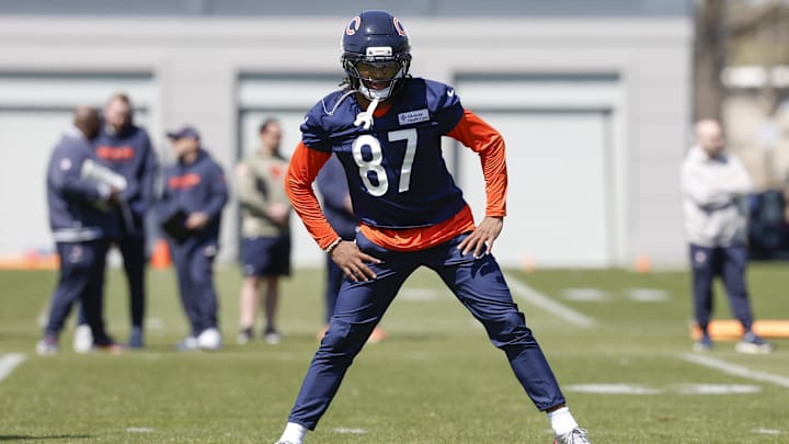 May 9, 2025; Lake Forest, IL, USA; Chicago Bears wide receiver Luther Burden III warms up during the Rookie Minicamp at Halas Hall. Mandatory Credit: Kamil Krzaczynski-Imagn Images