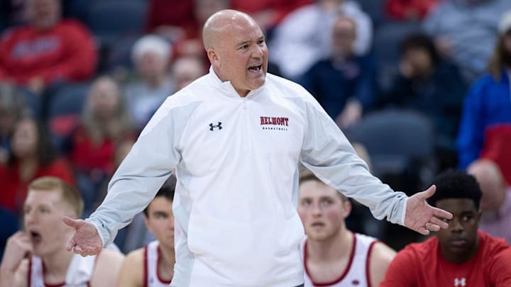 Belmont Head Coach Casey Alexander pleads his case to a referee during their semifinal game against Morehead State of the 2022 Ohio Valley Conference Men's Basketball Championship at Ford Center in Evansville, Ind., March 4, 2022. Morehead State beat Belmont 53-51 to advance to Saturday night's championship matchup with Murray State.