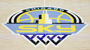 Aug 20, 2022; Chicago, Illinois, USA; Chicago Sky logo is seen on the court before Game 2 of the first round of the WNBA playoffs between the Chicago Sky and New York Liberty at Wintrust Arena. Mandatory Credit: Kamil Krzaczynski-Imagn Images