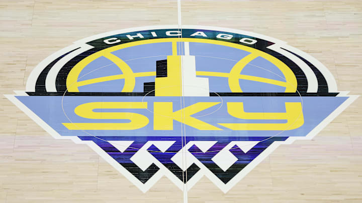 Aug 20, 2022; Chicago, Illinois, USA; Chicago Sky logo is seen on the court before Game 2 of the first round of the WNBA playoffs between the Chicago Sky and New York Liberty at Wintrust Arena. Mandatory Credit: Kamil Krzaczynski-Imagn Images