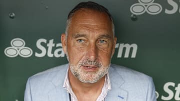 Jul 4, 2025; Chicago, Illinois, USA; St. Louis Cardinals president of baseball operations John Mozeliak speaks before a baseball game against the Chicago Cubs at Wrigley Field. Mandatory Credit: Kamil Krzaczynski-Imagn Images