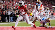 Ohio State Buckeyes running back James Peoples (20) runs for a touchdown during the NCAA football game against the UCLA Bruins at Ohio Stadium in Columbus on Nov. 15, 2025. Ohio State won 48-10.