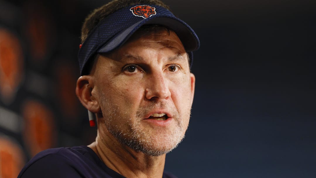 Jul 23, 2025; Lake Forest, IL, USA; Chicago Bears defensive coordinator Dennis Allen speaks during training camp at Halas Hall. Mandatory Credit: Kamil Krzaczynski-Imagn Images