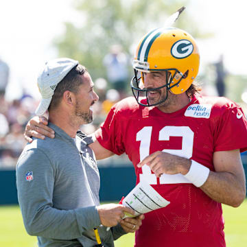 Green Bay Packers quarterback Aaron Rodgers and coach Matt LaFleur during training camp.