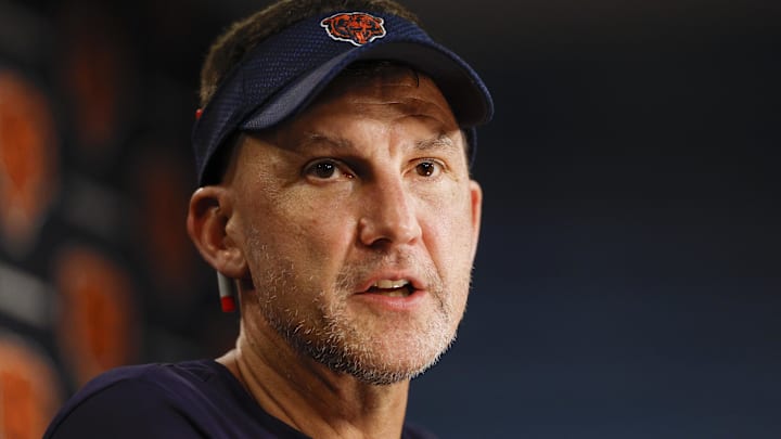 Jul 23, 2025; Lake Forest, IL, USA; Chicago Bears defensive coordinator Dennis Allen speaks during training camp at Halas Hall. Mandatory Credit: Kamil Krzaczynski-Imagn Images