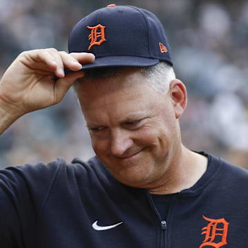 Aug 24, 2024; Chicago, Illinois, USA; Detroit Tigers manager A.J. Hinch (14) smiles before a baseball game against the Chicago White Sox at Guaranteed Rate Field