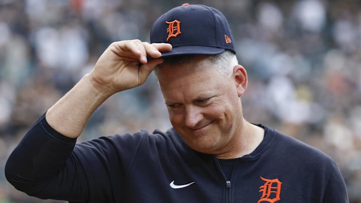 Aug 24, 2024; Chicago, Illinois, USA; Detroit Tigers manager A.J. Hinch (14) smiles before a baseball game against the Chicago White Sox at Guaranteed Rate Field