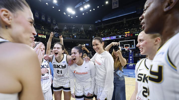 Aug 5, 2025; Chicago, Illinois, USA; Chicago Sky players celebrate after defeating the Washington Mystics in a WNBA game against the Washington Mystics at Wintrust Arena. Mandatory Credit: Kamil Krzaczynski-Imagn Images
