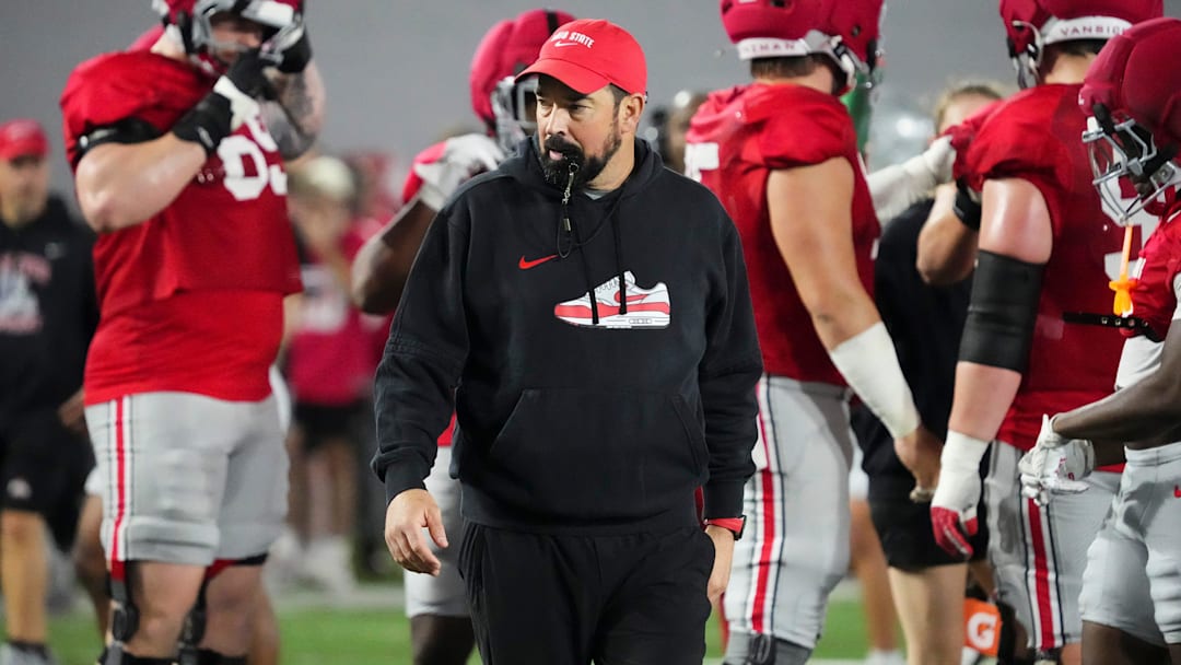 Ohio State Buckeyes head coach Ryan Day watches during Student Appreciation Day spring practice at the Woody Hayes Athletic Center on April 4, 2026.