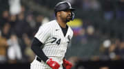 Apr 26, 2024; Chicago, Illinois, USA; Chicago White Sox designated hitter Eloy Jimenez (74) rounds the bases after hitting a two-run home run against the Tampa Bay Rays during the seventh inning at Guaranteed Rate Field.