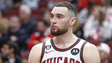 Jan 13, 2023; Chicago, Illinois, USA; Chicago Bulls guard Zach LaVine (8) sits on the bench during the fourth quarter against the Oklahoma City Thunder at United Center. Mandatory Credit: Kamil Krzaczynski-USA TODAY Sports