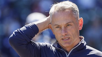 Oct 1, 2022; Chicago, Illinois, USA; Chicago Cubs President of baseball operations Jed Hoyer looks on before a baseball game between the Chicago Cubs and Cincinnati Reds at Wrigley Field. Mandatory Credit: Kamil Krzaczynski-Imagn Images