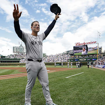 Sep 6, 2024; Chicago, Illinois, USA; New York Yankees first baseman Anthony Rizzo waves to fans as he is introduced.