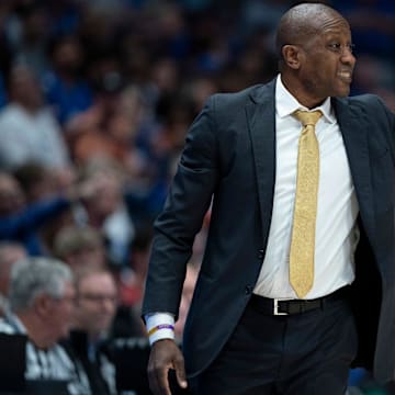 Missouri head coach Dennis Gates works the sideline against Florida during the first half of their quarterfinal game of the SEC Men's Basketball Tournament at Bridgestone Arena in Nashville, Tenn., Friday, March 14, 2025.