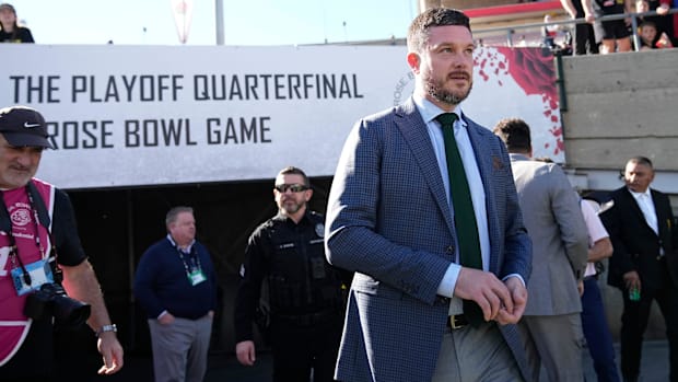 Oregon Ducks head coach Dan Lanning arrives prior to the College Football Playoff quarterfinal against the Ohio State Buckeye