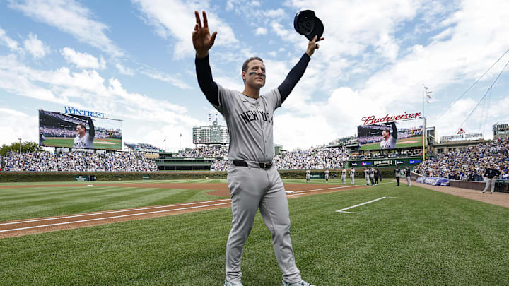 Sep 6, 2024; Chicago, Illinois, USA; New York Yankees first baseman Anthony Rizzo waves to fans as he is introduced.