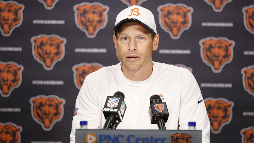 Jul 24, 2025; Lake Forest, IL, USA; Chicago Bears head coach Ben Johnson speaks during training camp at Halas Hall. Mandatory Credit: Kamil Krzaczynski-Imagn Images