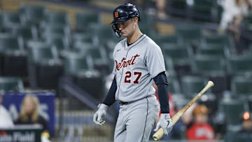 Jun 3, 2025; Chicago, Illinois, USA; Detroit Tigers shortstop Trey Sweeney (27) reacts after striking out against the Chicago White Sox during the ninth inning at Rate Field.