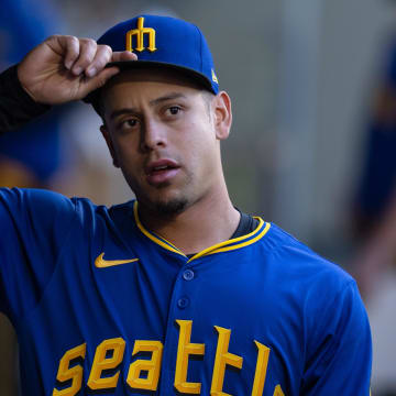 Seattle Mariners infielder Leo Rivas is pictured in the dugout before a game against the Oakland Athletics on May 10 at T-Mobile Park.
