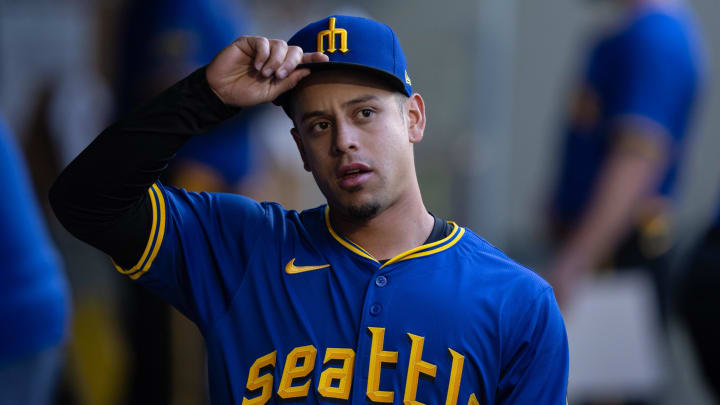 Seattle Mariners infielder Leo Rivas is pictured in the dugout before a game against the Oakland Athletics on May 10 at T-Mobile Park.