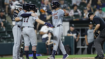 Aug 26, 2024; Chicago, Illinois, USA; Detroit Tigers first baseman Spencer Torkelson (20) celebrates with second baseman Jace Jung (17) and second baseman Colt Keith (33) after hitting a three-run home run against the Chicago White Sox during the seventh inning at Guaranteed Rate Field.