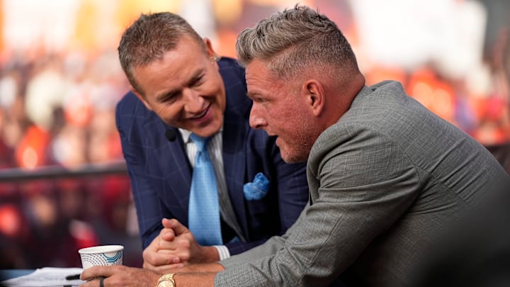 Pat McAfee talks to Kirk Herbstreit on ESPN College GameDay before a NCAA football game between Ohio State and Texas