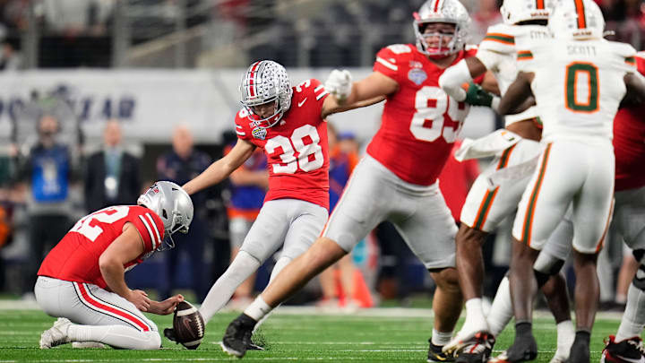 Ohio State Buckeyes kicker Jayden Fielding (38) misses a field goal during the Cotton Bowl at AT&T Stadium in Arlington, Texas for the College Football Playoff quarterfinal game against the Miami Hurricanes on Dec. 31, 2025.