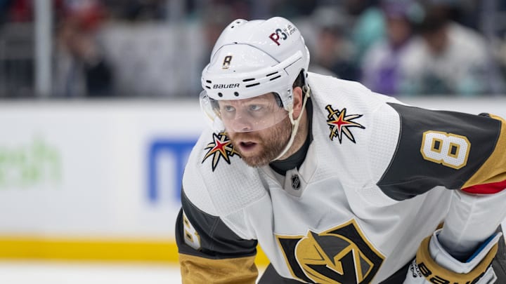 Apr 13, 2023; Seattle, Washington, USA; Las Vegas Knights forward Phil Kessel (8) is pictured during a game against the Seattle Kraken at Climate Pledge Arena. Mandatory Credit: Stephen Brashear-Imagn Images