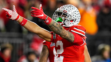 Ohio State Buckeyes wide receiver Emeka Egbuka (2) celebrates in the first half at Ohio Stadium on Saturday, Dec. 21, 2024 in Columbus, Ohio.