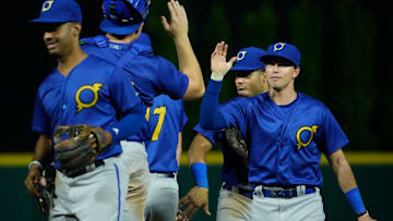 Sep 14, 2022; Columbus, OH, USA;  Omaha Storm Chasers players high five following their 9-1 win during the Minor Leage Baseball game at Huntington Park. Mandatory Credit: Adam Cairns-The Columbus Dispatch

Clippers 0914 Ac 30