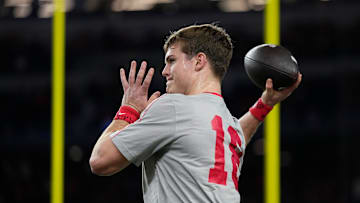 Ohio State Buckeyes quarterback Will Howard (18) warms up prior to the Cotton Bowl Classic College Football Playoff semifinal game against the Texas Longhorns at AT&T Stadium in Arlington, Texas on Jan. 10, 2025.