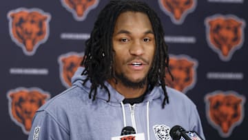 May 9, 2025; Lake Forest, IL, USA; Chicago Bears wide receiver Luther Burden III speaks during the Rookie Minicamp at Halas Hall. Mandatory Credit: Kamil Krzaczynski-Imagn Images