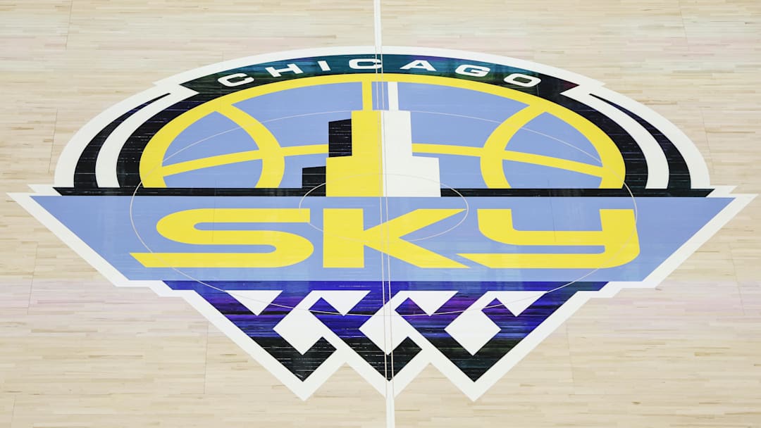 Aug 20, 2022; Chicago, Illinois, USA; Chicago Sky logo is seen on the court before Game 2 of the first round of the WNBA playoffs between the Chicago Sky and New York Liberty at Wintrust Arena. Mandatory Credit: Kamil Krzaczynski-Imagn Images