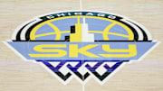 Aug 20, 2022; Chicago, Illinois, USA; Chicago Sky logo is seen on the court before Game 2 of the first round of the WNBA playoffs between the Chicago Sky and New York Liberty at Wintrust Arena. Mandatory Credit: Kamil Krzaczynski-Imagn Images