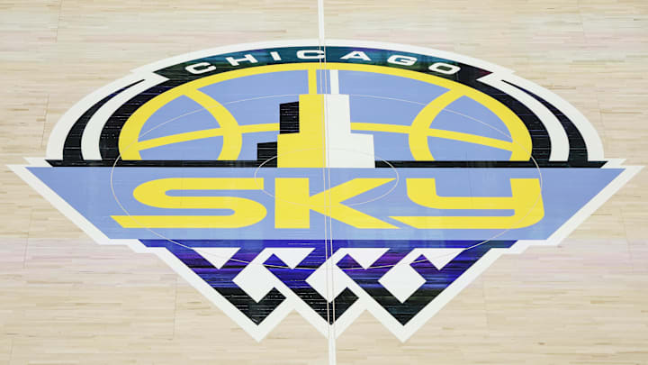 Aug 20, 2022; Chicago, Illinois, USA; Chicago Sky logo is seen on the court before Game 2 of the first round of the WNBA playoffs between the Chicago Sky and New York Liberty at Wintrust Arena. Mandatory Credit: Kamil Krzaczynski-Imagn Images