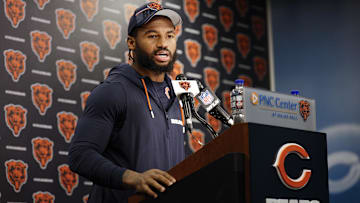 Jun 3, 2025; Lake Forest, IL, USA; Chicago Bears running back D'Andre Swift (4) speaks during minicamp at Halas Hall. Mandatory Credit: Kamil Krzaczynski-Imagn Images
