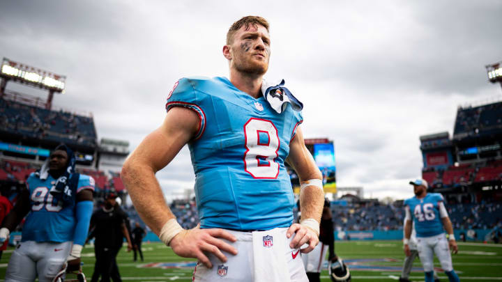 Tennessee Titans quarterback Will Levis (8) celebrates on the field after defeating the Atlanta Falcons at Nissan Stadium in Nashville, Tenn., Sunday, Oct. 29, 2023.