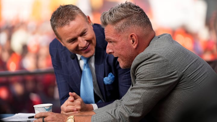 Pat McAfee, right, talks to Kirk Herbstreit on the set of ESPN College GameDay prior to the NCAA football game between the Ohio State Buckeyes and the Texas Longhorns at Ohio Stadium on Aug. 30, 2025.