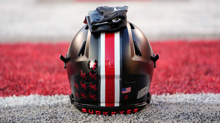 Sep 24, 2022; Columbus, Ohio, USA; A black helmet sits on the sideline as part of the special uniform the Ohio State Buckeyes will wear in the NCAA Division I football game against the Wisconsin Badgers at Ohio Stadium. Mandatory Credit: Adam Cairns-The Columbus Dispatch

Ncaa Football Wisconsin Badgers At Ohio State Buckeyes