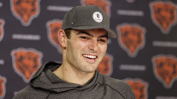 Chicago Bears tight end Cole Kmet (85) speaks during minicamp at Halas Hall Chicago Bears tight end Cole Kmet (85) speaks during minicamp at Halas Hall